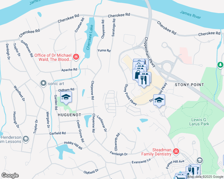 map of restaurants, bars, coffee shops, grocery stores, and more near 9443 Creek Summit Circle in Richmond