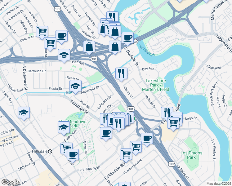 map of restaurants, bars, coffee shops, grocery stores, and more near 2257 Portsmouth Way in San Mateo