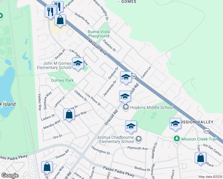 map of restaurants, bars, coffee shops, grocery stores, and more near 375 Jacaranda Drive in Fremont