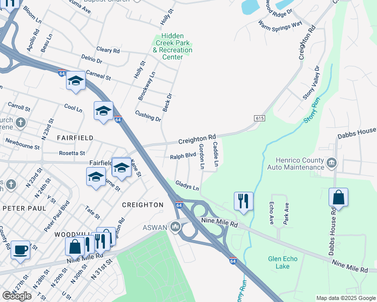 map of restaurants, bars, coffee shops, grocery stores, and more near 2916 Ralph Boulevard in Richmond