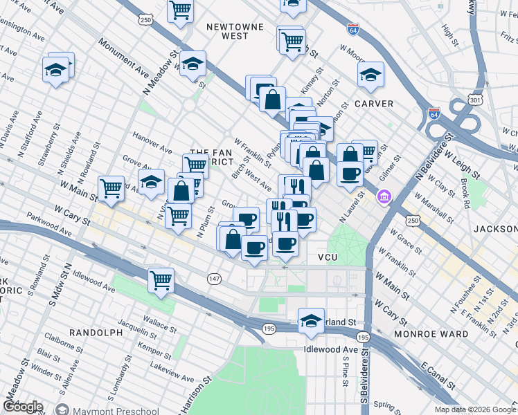 map of restaurants, bars, coffee shops, grocery stores, and more near in Richmond