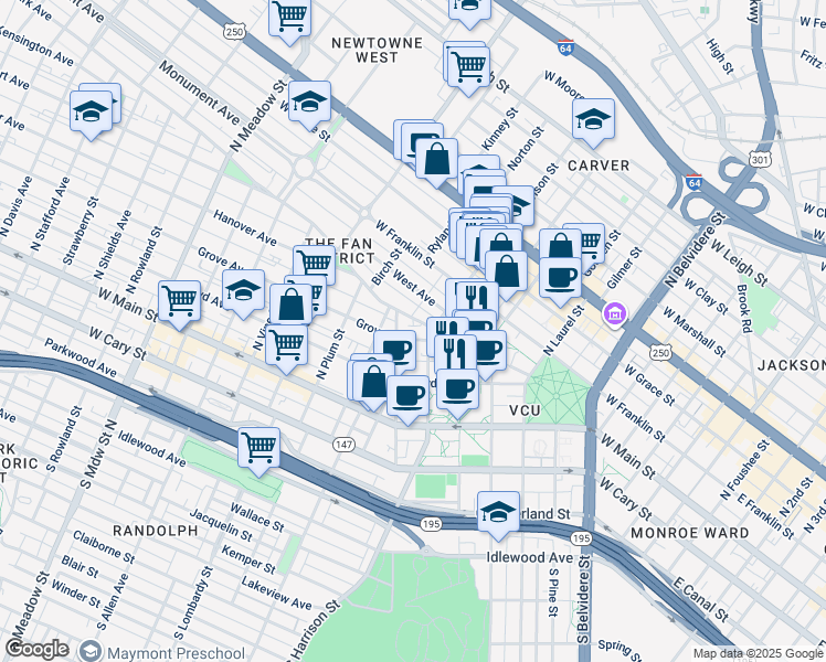 map of restaurants, bars, coffee shops, grocery stores, and more near in Richmond