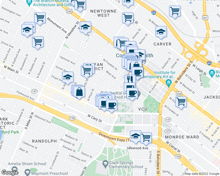 map of restaurants, bars, coffee shops, grocery stores, and more near 222 North Harvie Street in Richmond