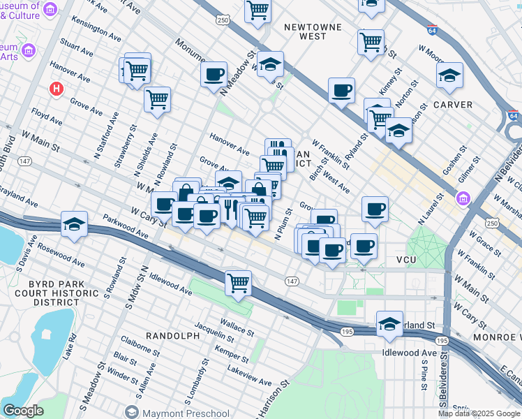 map of restaurants, bars, coffee shops, grocery stores, and more near in Richmond