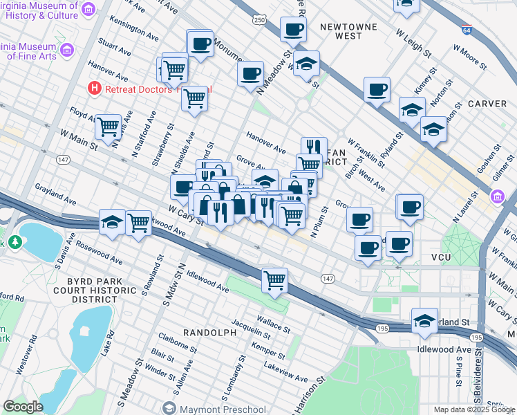 map of restaurants, bars, coffee shops, grocery stores, and more near 1802 Floyd Avenue in Richmond