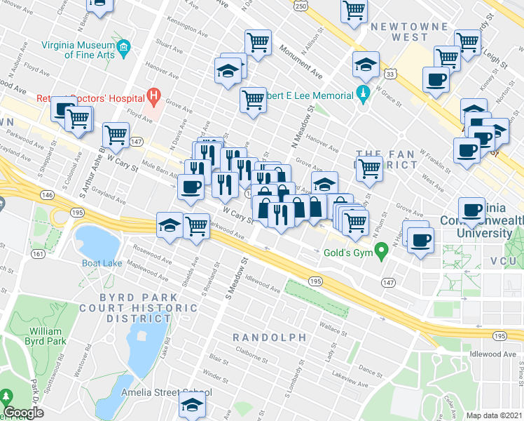 map of restaurants, bars, coffee shops, grocery stores, and more near 10 South Meadow Street in Richmond
