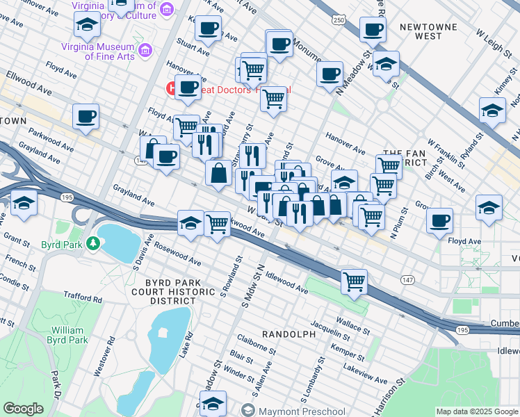 map of restaurants, bars, coffee shops, grocery stores, and more near 2105 West Main Street in Richmond