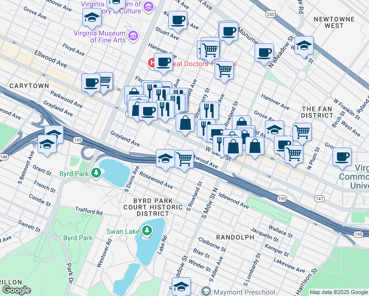 map of restaurants, bars, coffee shops, grocery stores, and more near in Richmond