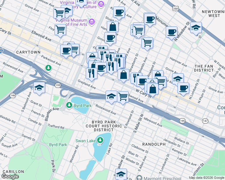 map of restaurants, bars, coffee shops, grocery stores, and more near 8 South Stafford Avenue in Richmond