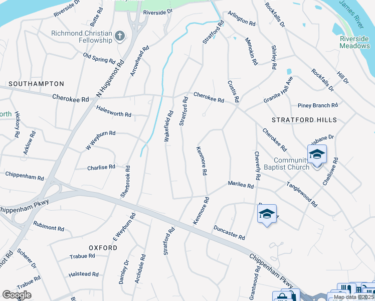 map of restaurants, bars, coffee shops, grocery stores, and more near 3825 Stratford Road in Richmond