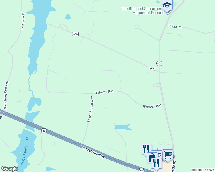 map of restaurants, bars, coffee shops, grocery stores, and more near 2315 Mary Goodwyn Road in Powhatan