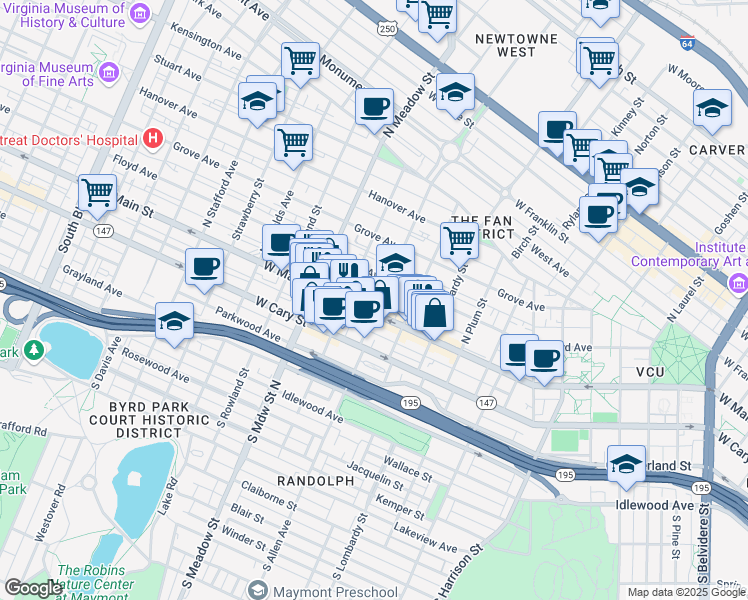 map of restaurants, bars, coffee shops, grocery stores, and more near 12 North Allen Avenue in Richmond