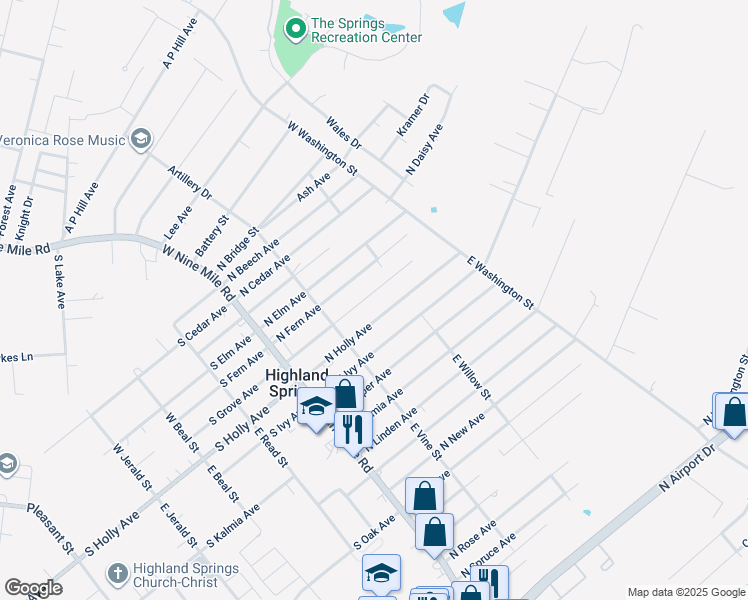 map of restaurants, bars, coffee shops, grocery stores, and more near 123 North Grove Avenue in Highland Springs