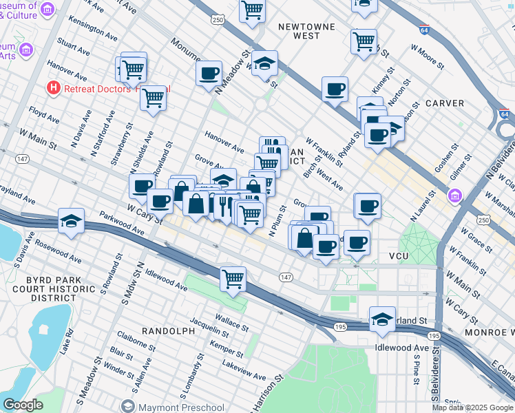 map of restaurants, bars, coffee shops, grocery stores, and more near 104 North Lombardy Street in Richmond
