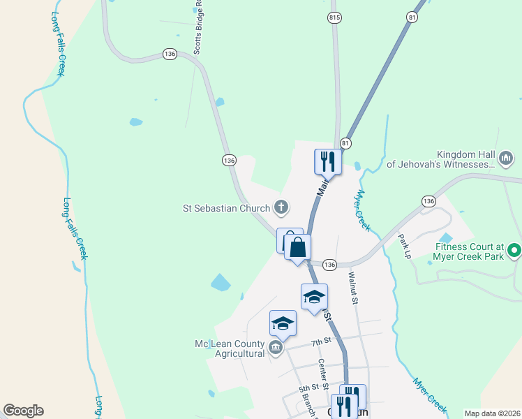 map of restaurants, bars, coffee shops, grocery stores, and more near 376 Highway 136 in Calhoun