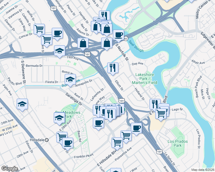 map of restaurants, bars, coffee shops, grocery stores, and more near 2257 Portsmouth Way in San Mateo