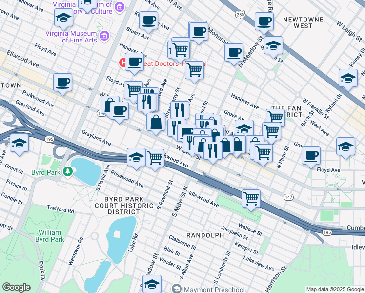 map of restaurants, bars, coffee shops, grocery stores, and more near 2106 West Cary Street in Richmond