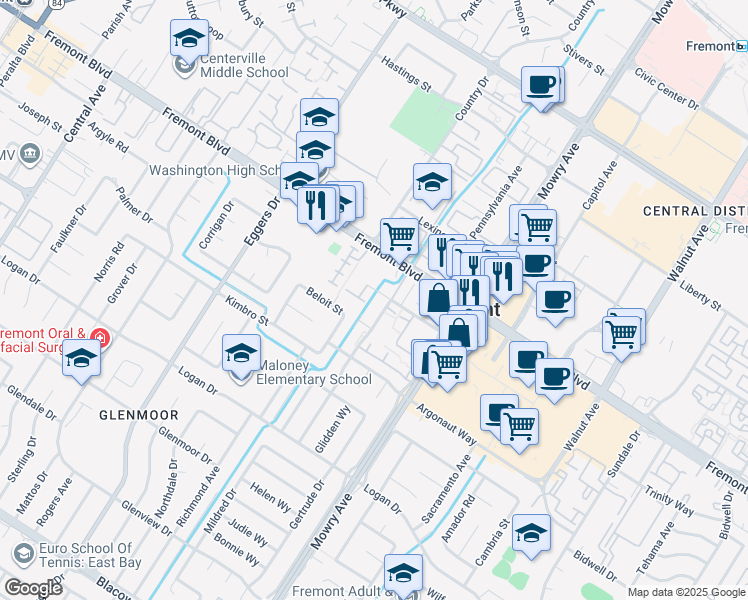 map of restaurants, bars, coffee shops, grocery stores, and more near 38771 Bell Street in Fremont