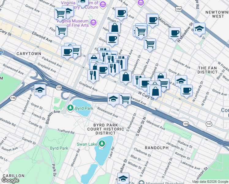 map of restaurants, bars, coffee shops, grocery stores, and more near 8 South Stafford Avenue in Richmond