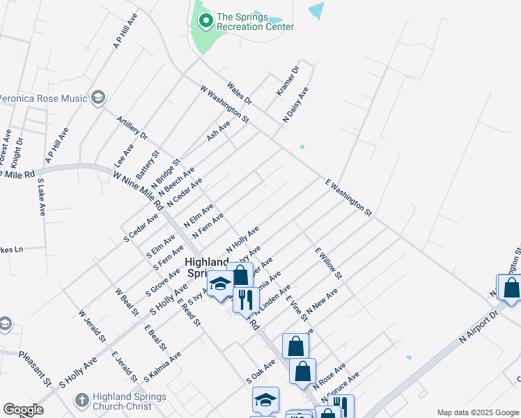 map of restaurants, bars, coffee shops, grocery stores, and more near 123 North Grove Avenue in Highland Springs