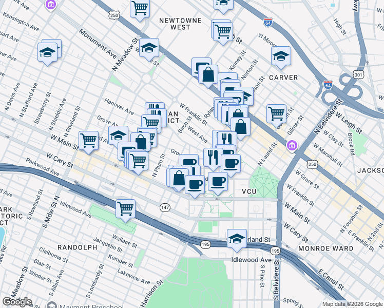 map of restaurants, bars, coffee shops, grocery stores, and more near 222 North Harvie Street in Richmond