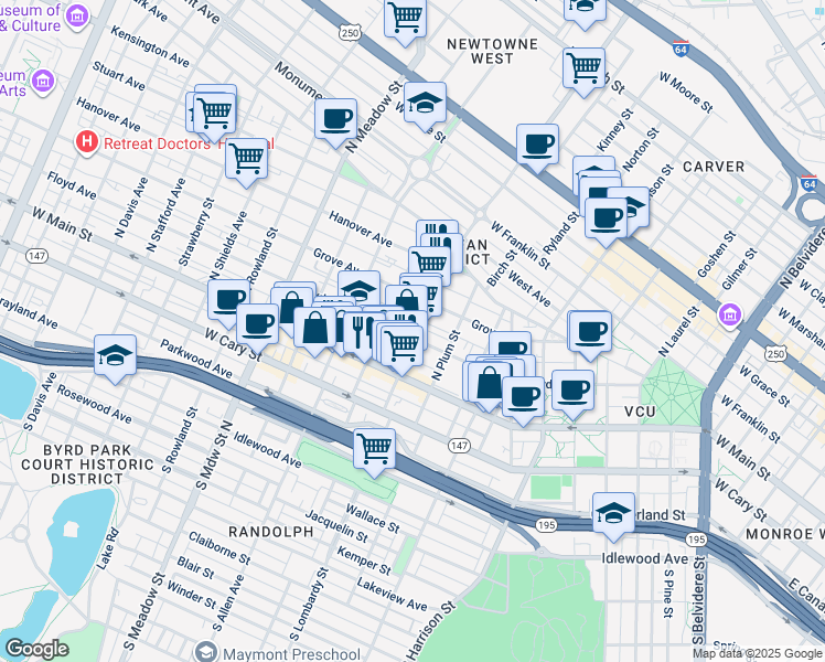 map of restaurants, bars, coffee shops, grocery stores, and more near 104 North Lombardy Street in Richmond