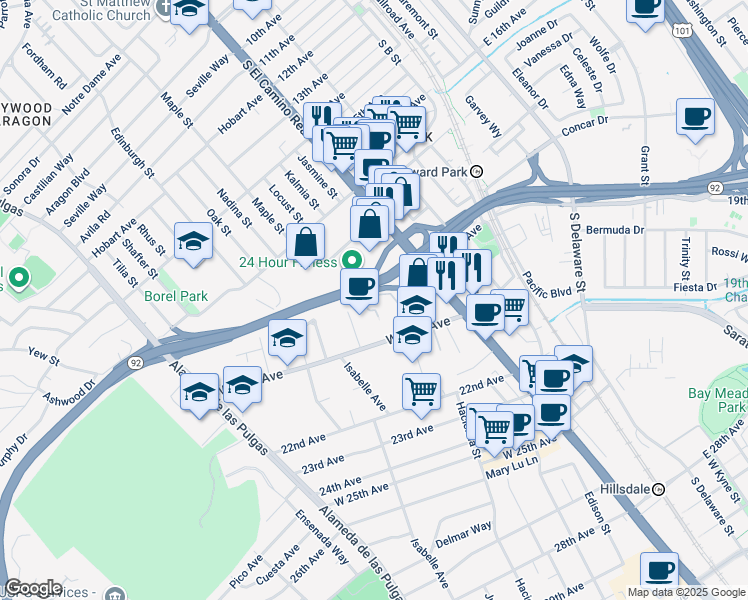 map of restaurants, bars, coffee shops, grocery stores, and more near 1950 Elkhorn Court in San Mateo