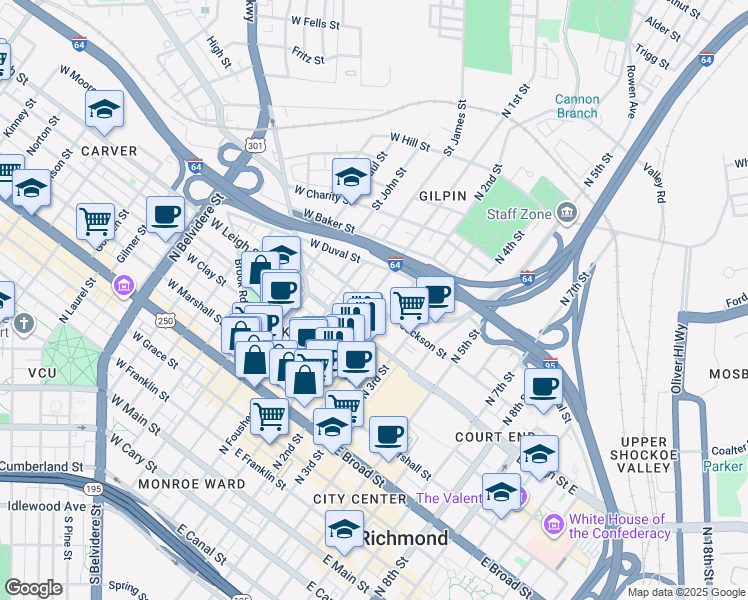 map of restaurants, bars, coffee shops, grocery stores, and more near 713 North 1st Street in Richmond