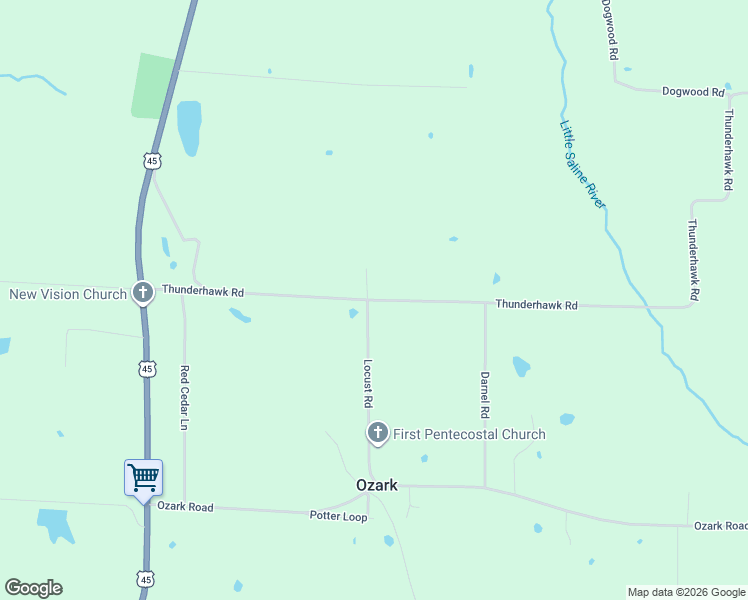 map of restaurants, bars, coffee shops, grocery stores, and more near 595 Thunderhawk Road in Ozark