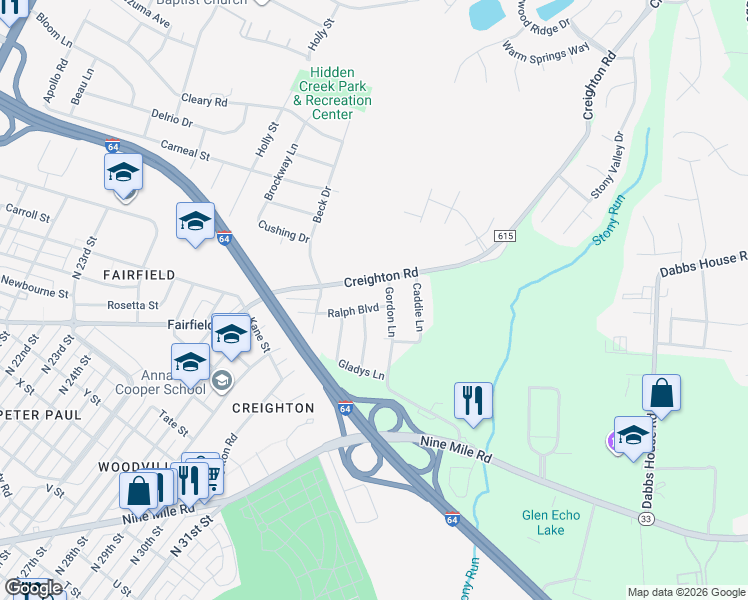 map of restaurants, bars, coffee shops, grocery stores, and more near 2915 Creighton Road in Richmond