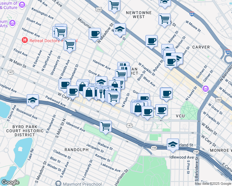 map of restaurants, bars, coffee shops, grocery stores, and more near 1524 Grove Avenue in Richmond