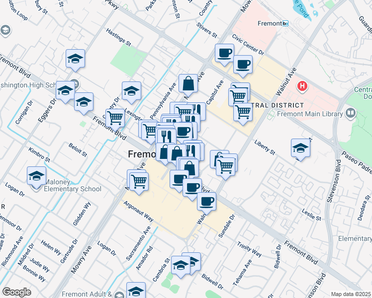 map of restaurants, bars, coffee shops, grocery stores, and more near 3768 Capitol Avenue in Fremont