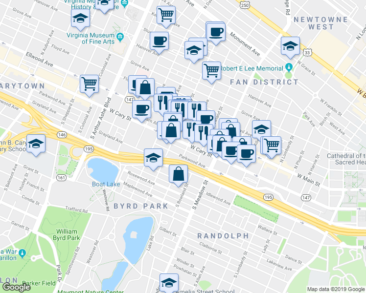 map of restaurants, bars, coffee shops, grocery stores, and more near 2205 West Cary Street in Richmond