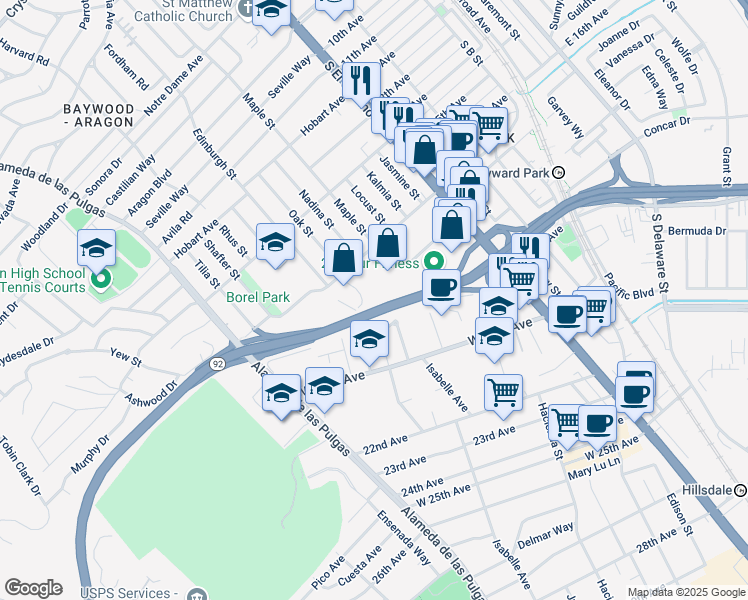 map of restaurants, bars, coffee shops, grocery stores, and more near 1777 Borel Place in San Mateo