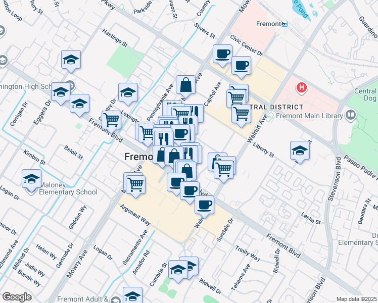 map of restaurants, bars, coffee shops, grocery stores, and more near in Fremont
