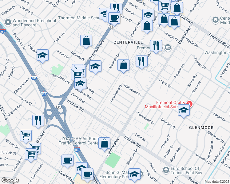 map of restaurants, bars, coffee shops, grocery stores, and more near 4737 Deadwood Drive in Fremont