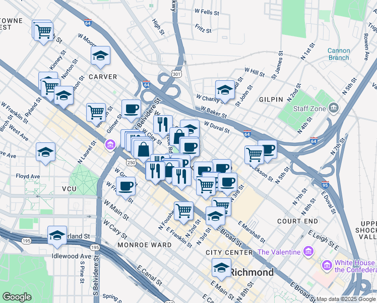 map of restaurants, bars, coffee shops, grocery stores, and more near 200 West Clay Street in Richmond