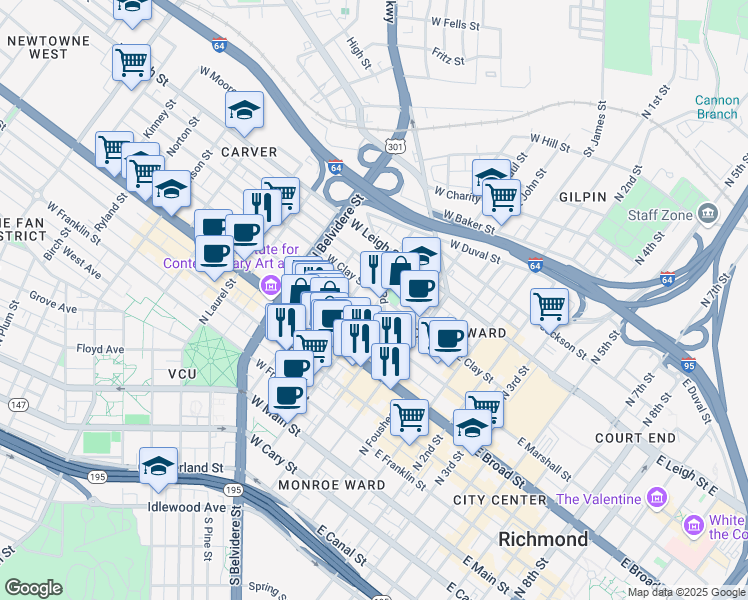 map of restaurants, bars, coffee shops, grocery stores, and more near 303 West Clay Street in Richmond