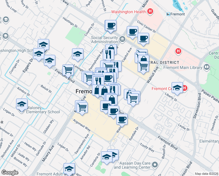 map of restaurants, bars, coffee shops, grocery stores, and more near 3768 Capitol Avenue in Fremont
