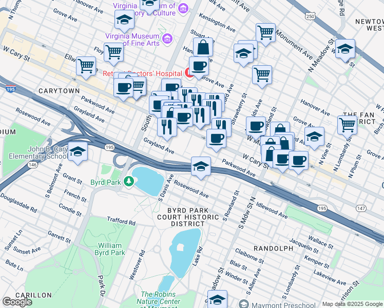map of restaurants, bars, coffee shops, grocery stores, and more near 2400 Grayland Avenue in Richmond