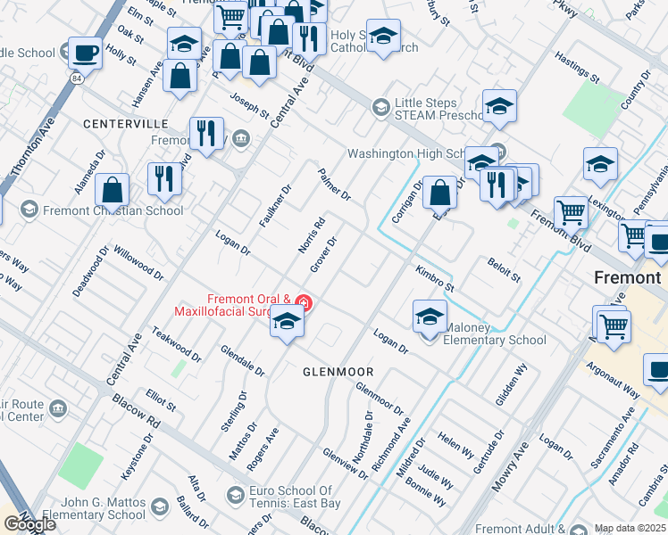 map of restaurants, bars, coffee shops, grocery stores, and more near 4355 Mattos Drive in Fremont