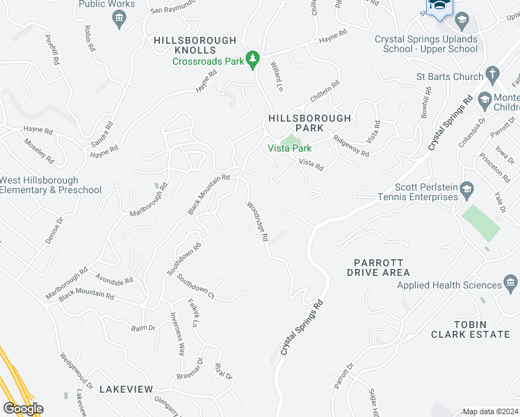 map of restaurants, bars, coffee shops, grocery stores, and more near 260 Woodridge Road in Hillsborough