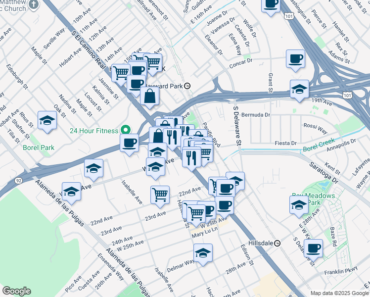 map of restaurants, bars, coffee shops, grocery stores, and more near in San Mateo
