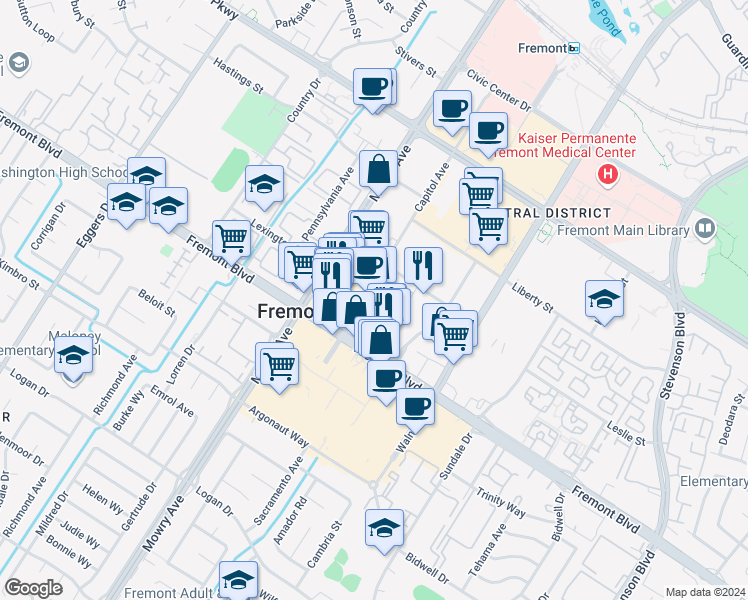 map of restaurants, bars, coffee shops, grocery stores, and more near in Fremont
