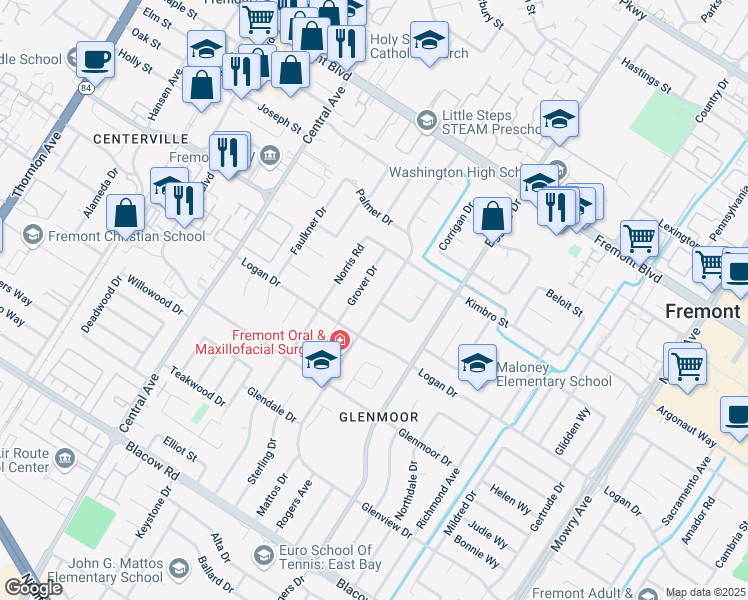 map of restaurants, bars, coffee shops, grocery stores, and more near 4355 Mattos Drive in Fremont