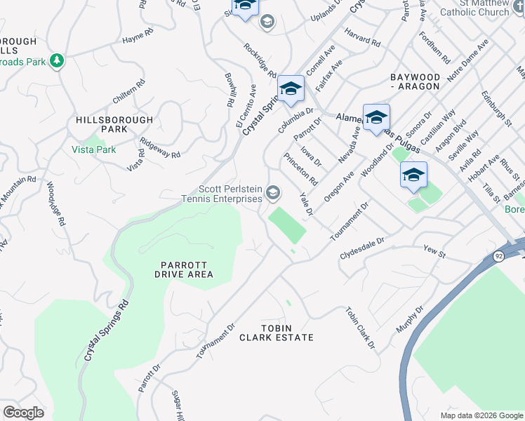 map of restaurants, bars, coffee shops, grocery stores, and more near 4 Wildwood Drive in San Mateo