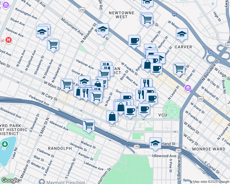 map of restaurants, bars, coffee shops, grocery stores, and more near 1502 Grove Avenue in Richmond