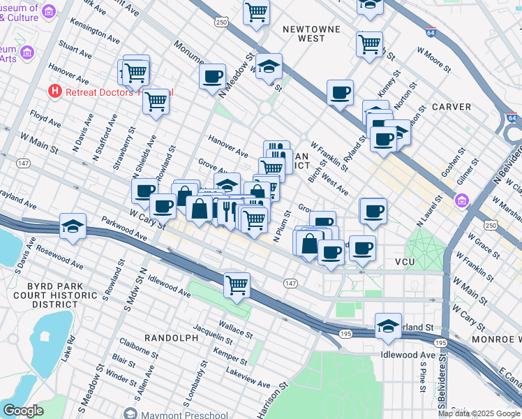 map of restaurants, bars, coffee shops, grocery stores, and more near in Richmond
