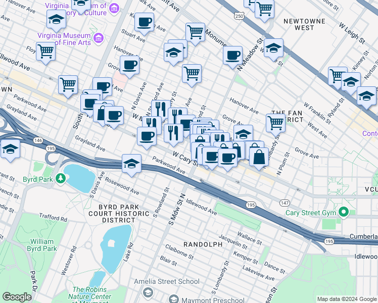 map of restaurants, bars, coffee shops, grocery stores, and more near 2105 West Main Street in Richmond