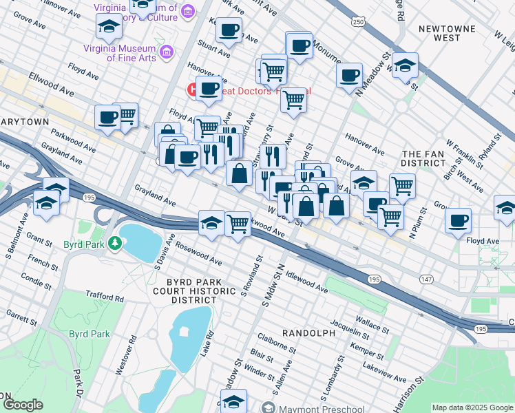 map of restaurants, bars, coffee shops, grocery stores, and more near 12 South Shields Avenue in Richmond